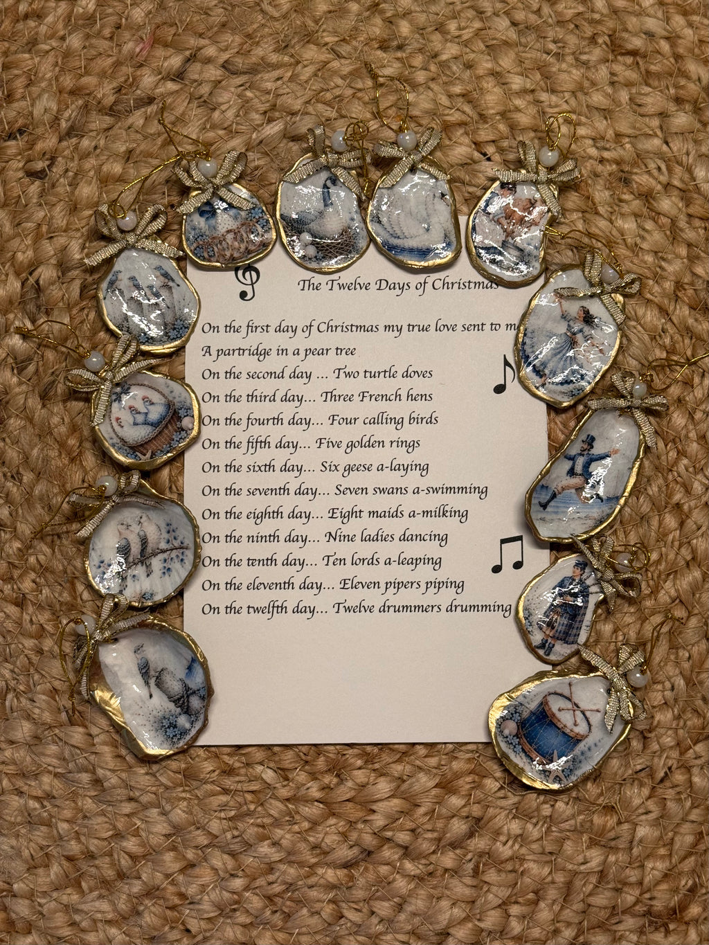 Petite 12 Days of Christmas Oyster Shell Ornament Set (Blue)