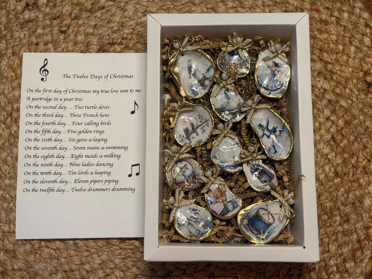 Petite 12 Days of Christmas Oyster Shell Ornament Set (Blue)