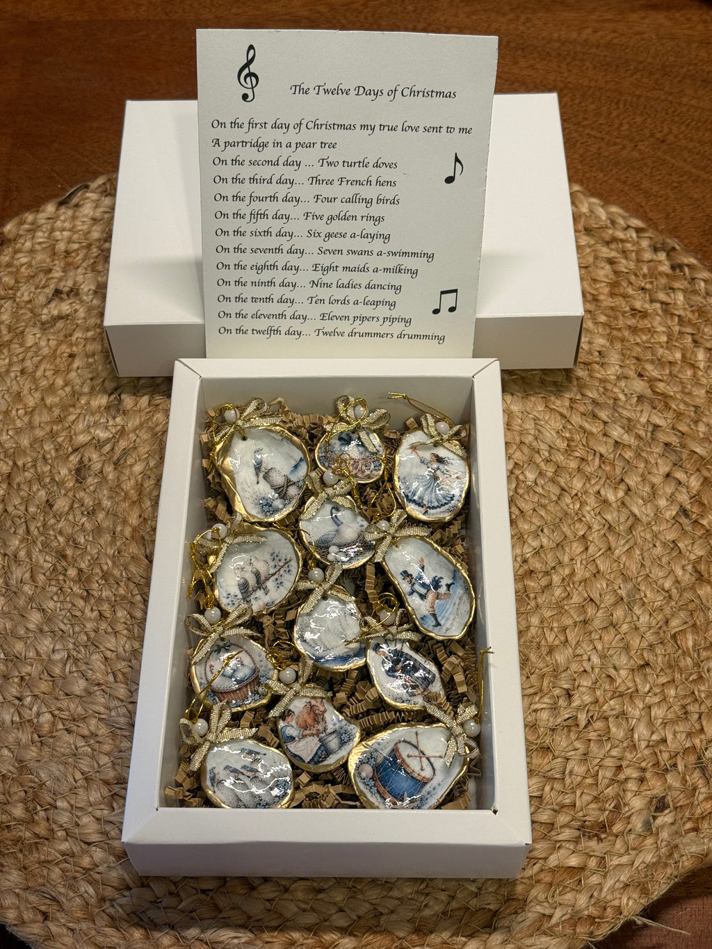 Petite 12 Days of Christmas Oyster Shell Ornament Set (Blue)