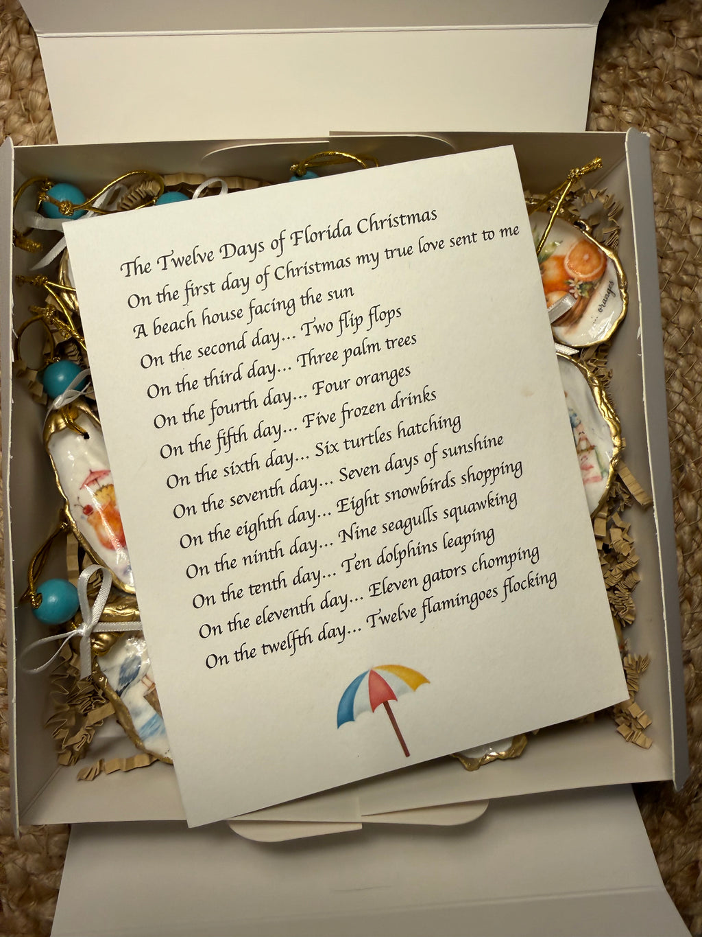 Florida 12 Days of Christmas Oyster Shell Christmas Ornament Set (blue beads, white ribbons))