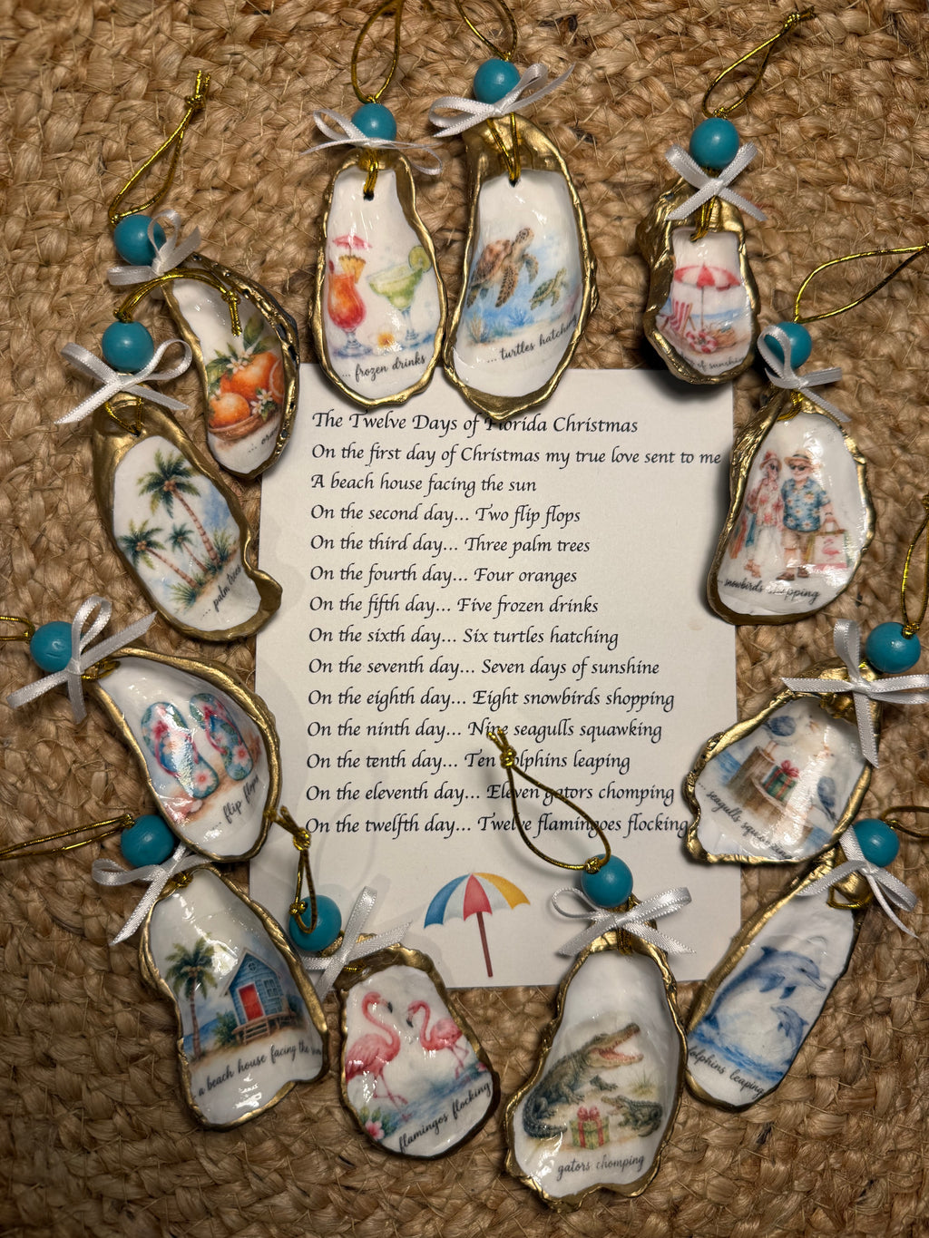 Florida 12 Days of Christmas Oyster Shell Christmas Ornament Set (blue beads, white ribbons))