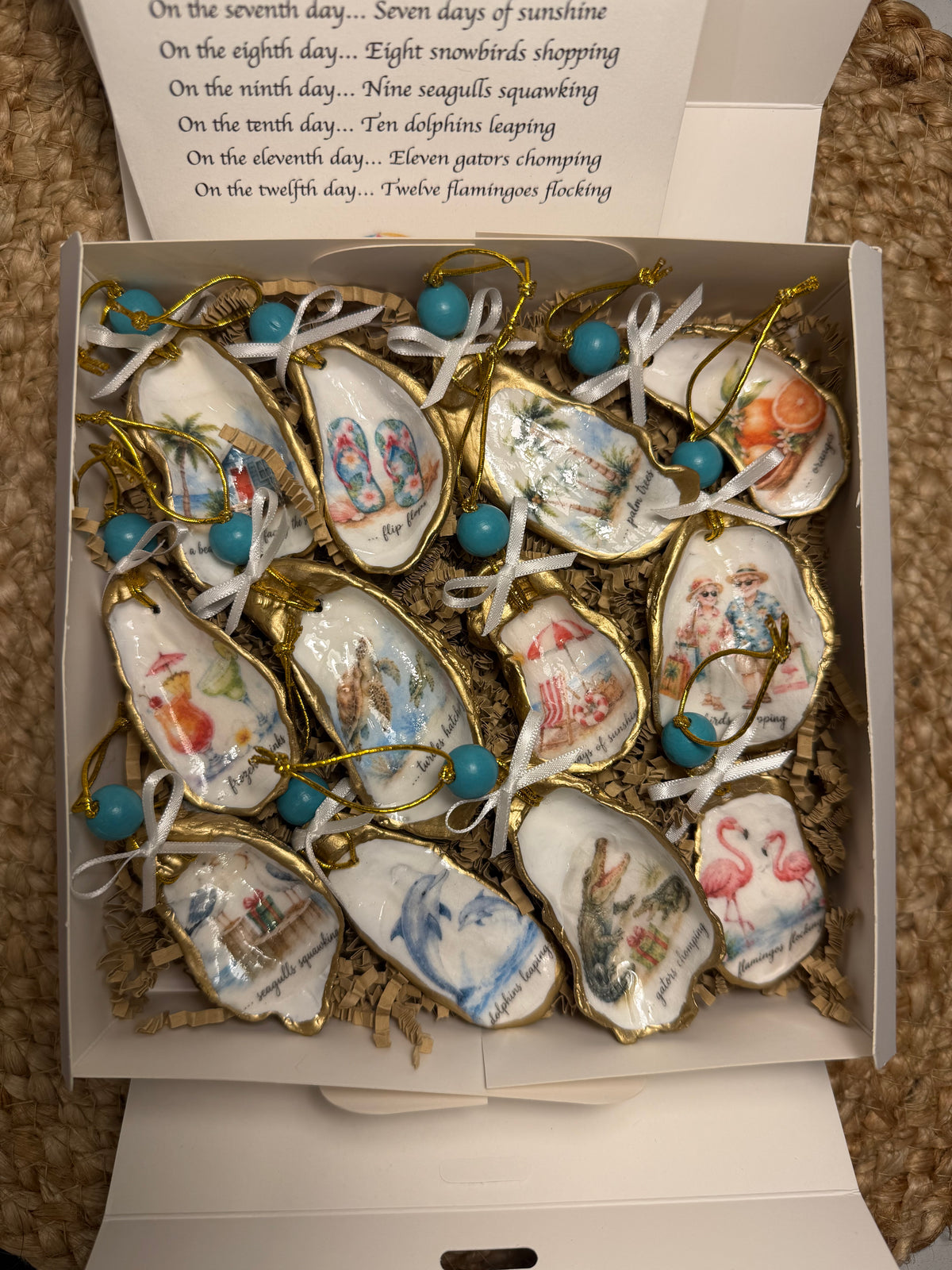 Florida 12 Days of Christmas Oyster Shell Christmas Ornament Set (blue beads, white ribbons))