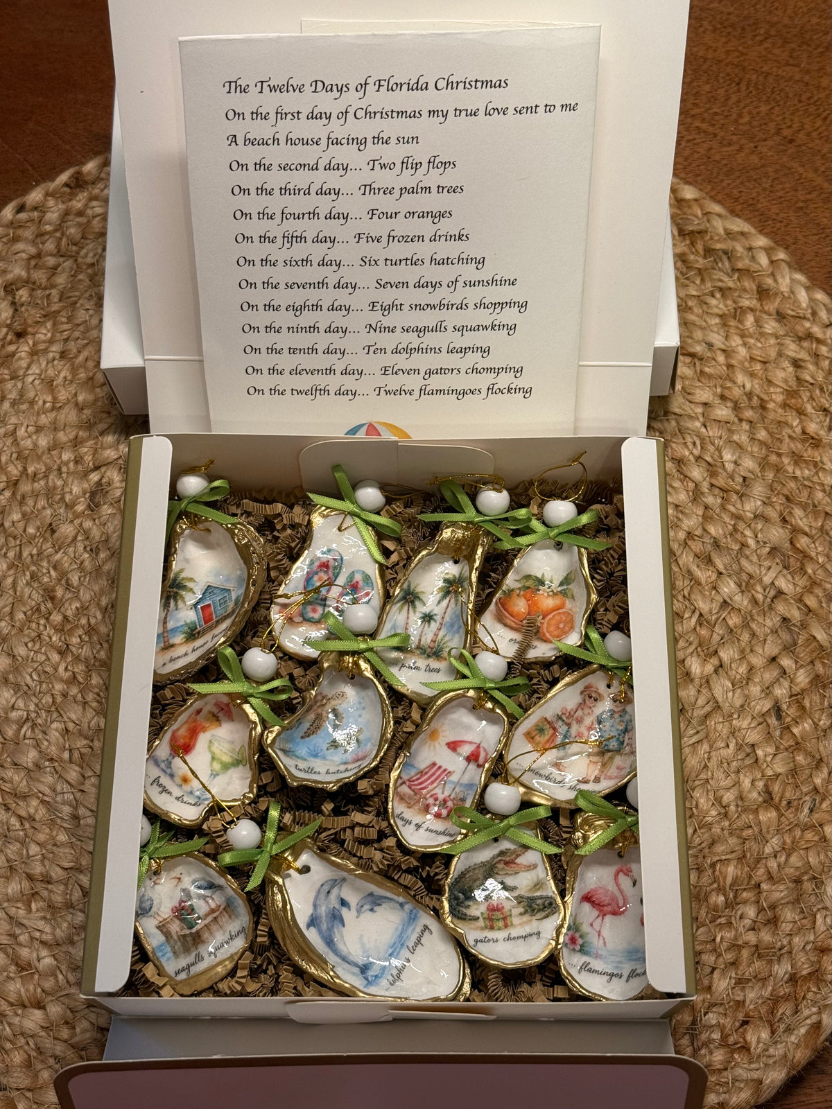 Florida 12 Days of Christmas Oyster Shell Christmas Ornament Set (white beads, green ribbons)