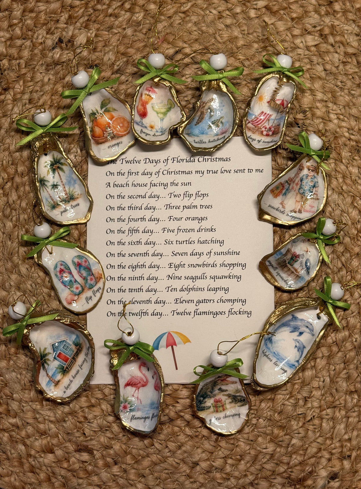 Florida 12 Days of Christmas Oyster Shell Christmas Ornament Set (white beads, green ribbons)