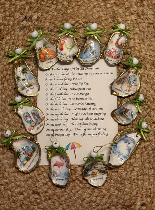 Florida 12 Days of Christmas Oyster Shell Christmas Ornament Set (white beads, green ribbons)