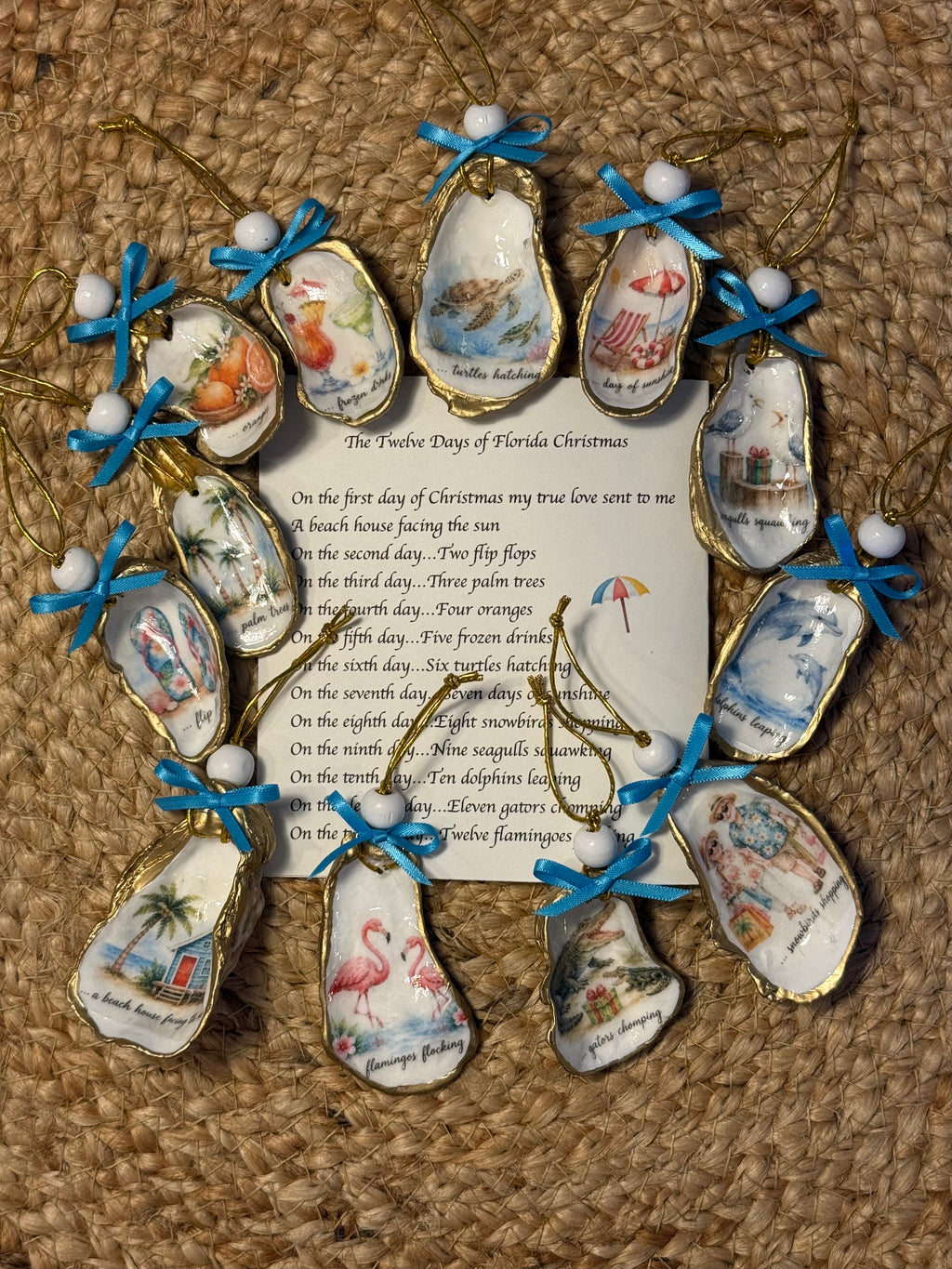 Florida 12 Days of Christmas Oyster Shell Christmas Ornament Set (white beads, blue ribbons)