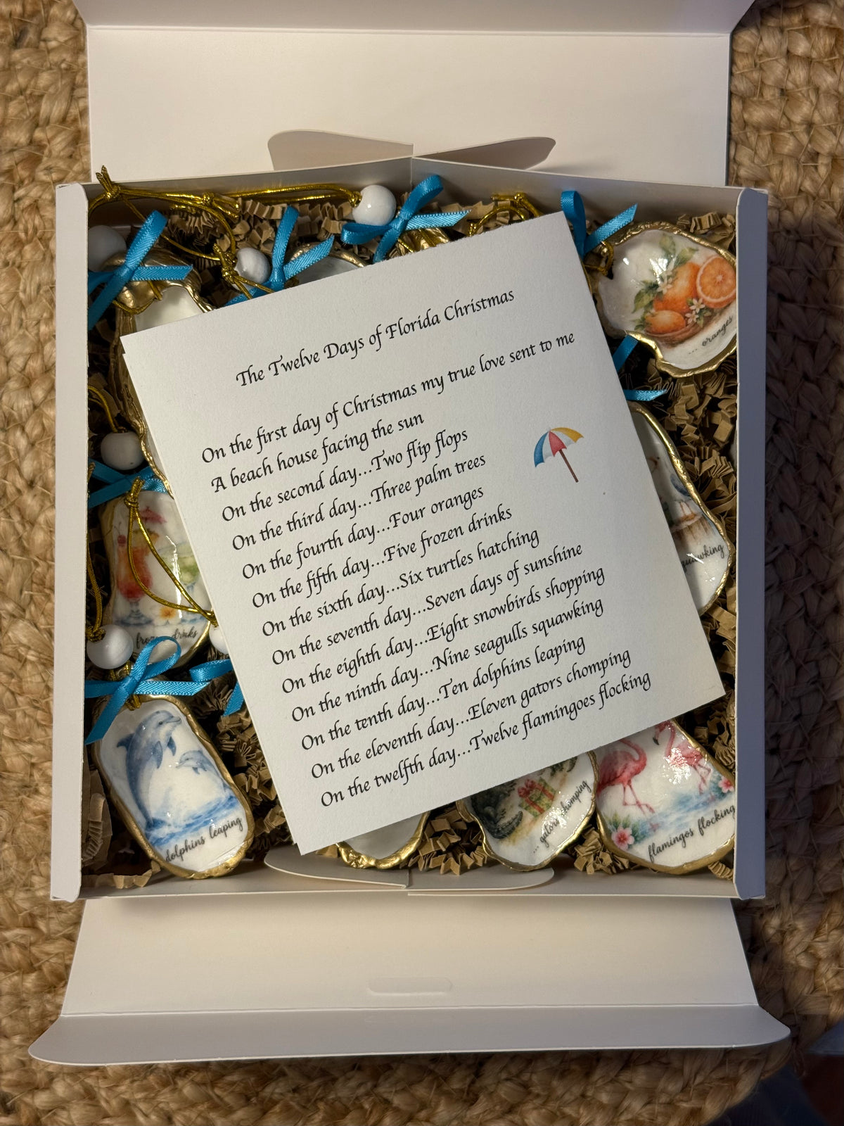 Florida 12 Days of Christmas Oyster Shell Christmas Ornament Set (white beads, blue ribbons)