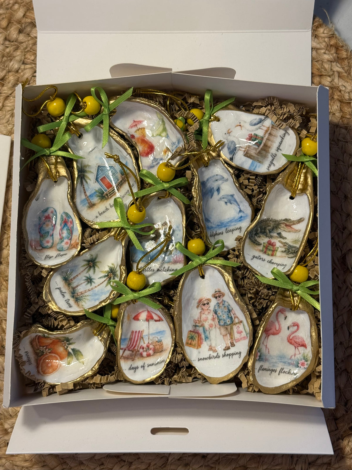 Florida 12 Days of Christmas Oyster Shell Christmas Ornament Set (yellow beads, green ribbons)