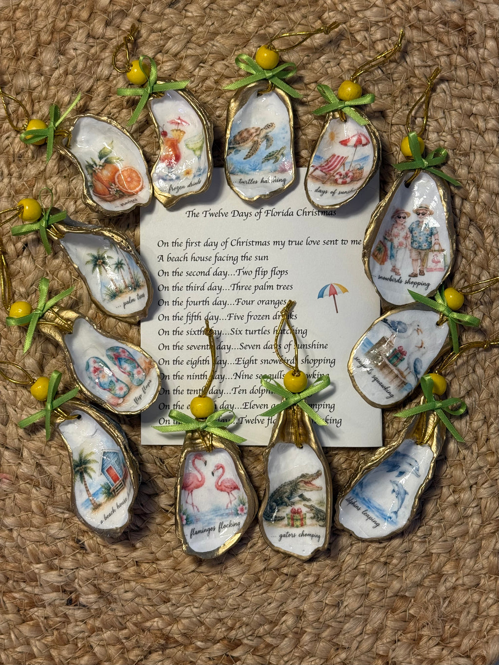 Florida 12 Days of Christmas Oyster Shell Christmas Ornament Set (yellow beads, green ribbons)