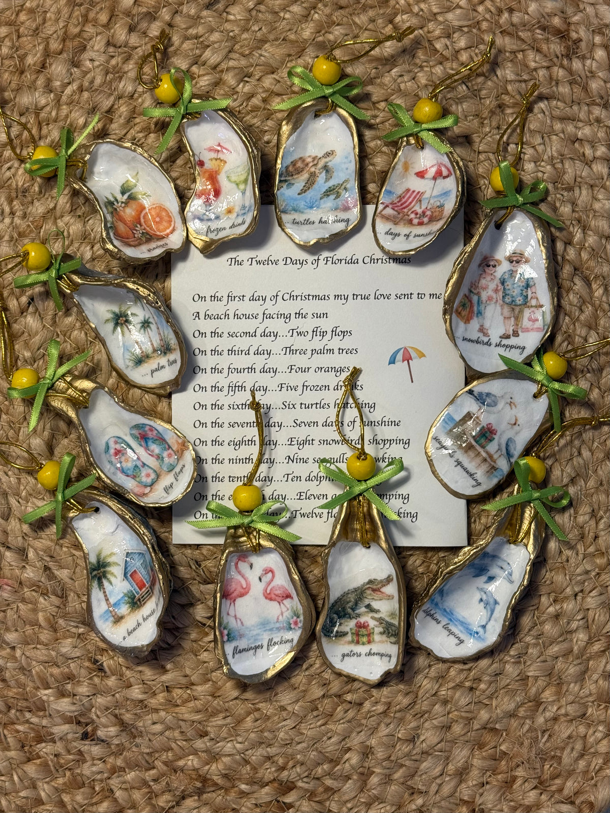 Florida 12 Days of Christmas Oyster Shell Christmas Ornament Set (yellow beads, green ribbons)